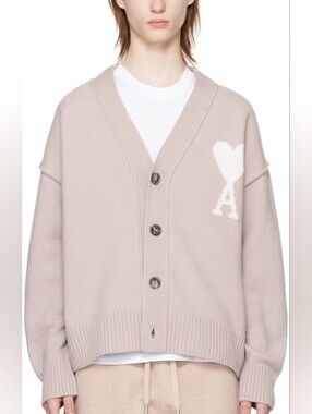AMI Paris Beige Heart A Luxe Cotton Cardigan Sweater, L